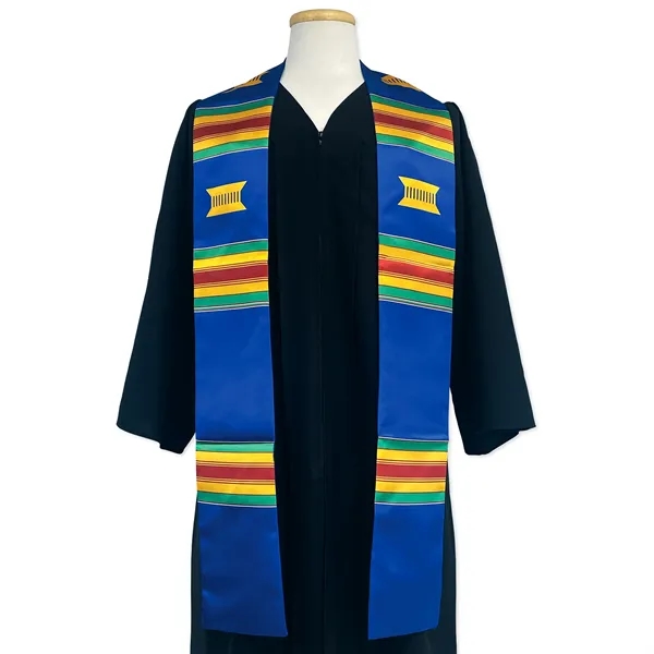 Kente graduation sash with royal blue ground and multi color stripes... from ASI 98085 Wolfmark