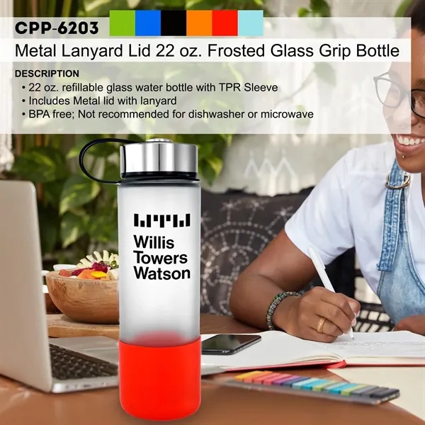 Metal Lanyard Lid 22 oz. Frosted Glass Grip Bottle... from ASI 30208 A P Specialties / AP Specialties