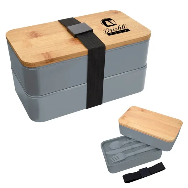 Double-tier stackable bento lunch set with a plastic fork, knife, and... from ASI 61125 Hit Promotional Products / Hit®