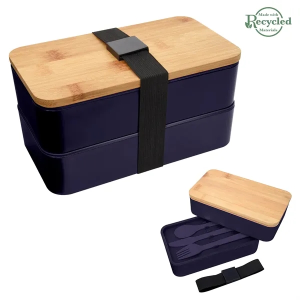 Double-tier stackable bento lunch set with a plastic fork, knife, and... from ASI 61125 Hit Promotional Products / Hit®