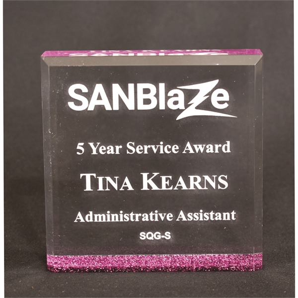 7"W x 7"L acrylic award with glued glitter square on bottom... from ASI 45430 Clear Image Inc