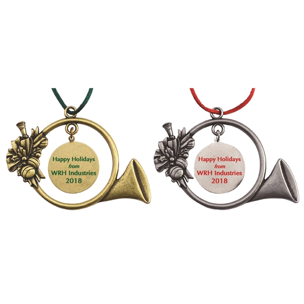 Horn with Dangle MC Design ornament with cord and antique bronze... from ASI 69240 MasterCast LTD / MasterCast