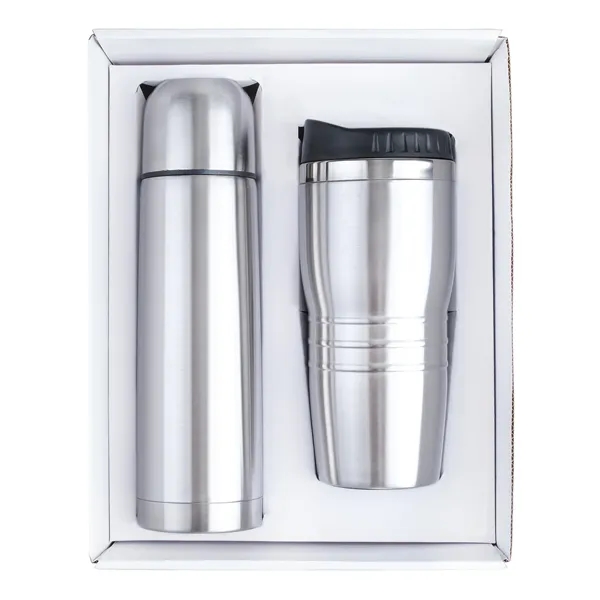 Stainless steel 16 oz. tumbler and double wall 16.5 oz. thermos... from ASI 46755 Cosmo Promos