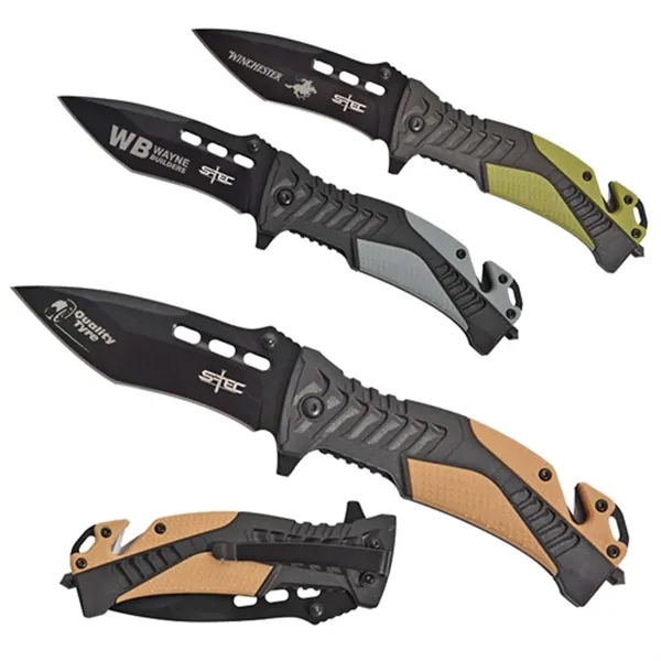 Spring assisted pocket knife with a seatbelt cutter and glass breaker... from ASI 37455 Atteff International Inc