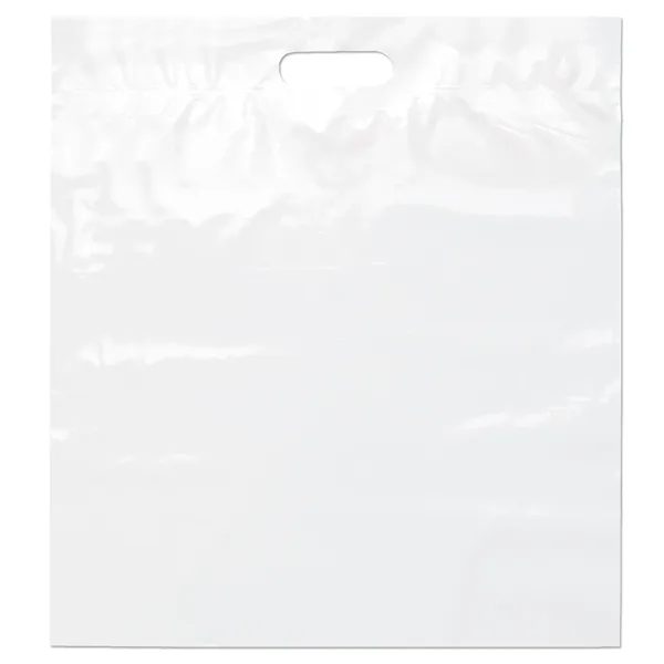 Low-density plastic bags with reinforced die cut handles.... from ASI 37940 Bag Makers Inc