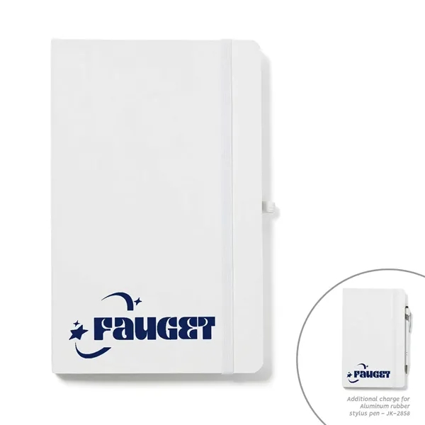 Eco-friendly, faux leather journal notebook with pen loop, recycled pages, rounded... from ASI 63549 Jornik Manufacturing Corp