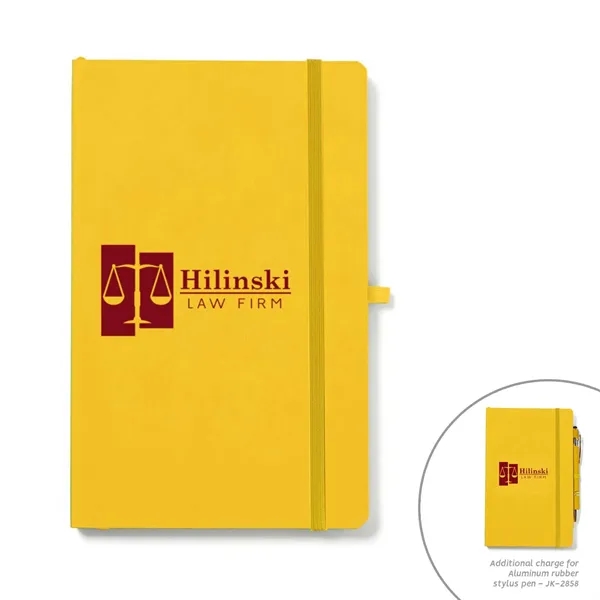 Eco-friendly, faux leather journal notebook with pen loop, recycled pages, rounded... from ASI 63549 Jornik Manufacturing Corp