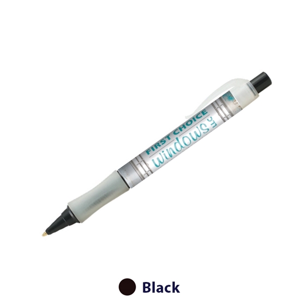 Plastic plunger-action ballpoint pen with wraparound imprint, pocket clip and textured... from ASI 62088 IDProductsource