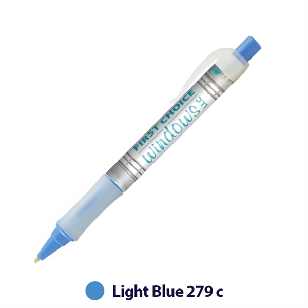 Plastic plunger-action ballpoint pen with wraparound imprint, pocket clip and textured... from ASI 62088 IDProductsource