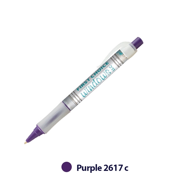 Plastic plunger-action ballpoint pen with wraparound imprint, pocket clip and textured... from ASI 62088 IDProductsource