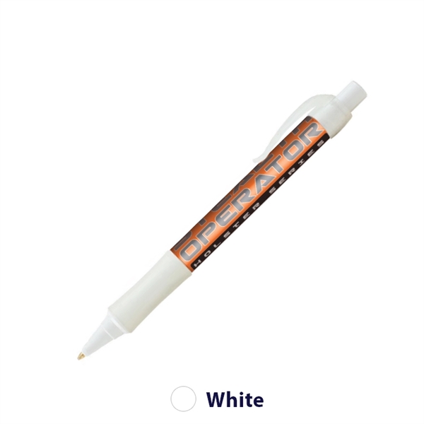 Plastic plunger-action ballpoint pen with wraparound imprint, pocket clip and textured... from ASI 62088 IDProductsource