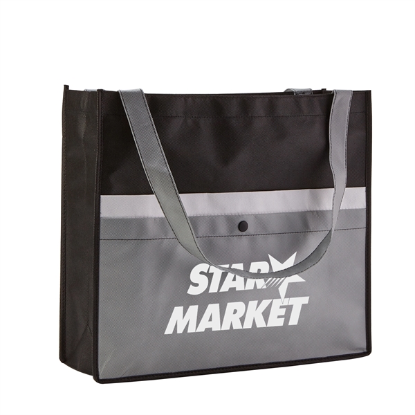 Non-woven tote bag with 5" gusset has snap closure front pocket,... from ASI 52840 Evans Manufacturing