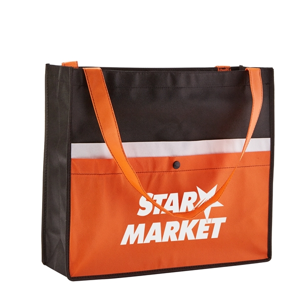 Non-woven tote bag with 5" gusset has snap closure front pocket,... from ASI 52840 Evans Manufacturing