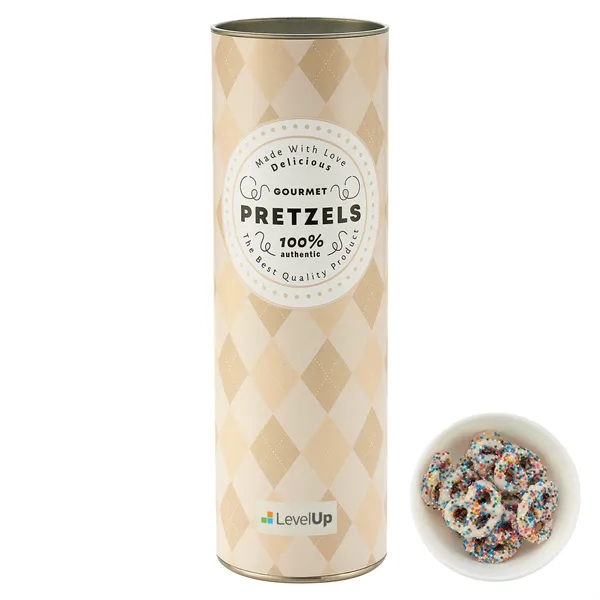 8 inch Gift Tube with Chocolate Pretzels - White Chocolate Pretzels... from ASI 71685 Midnite Snax®