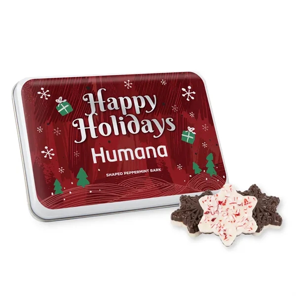 Gift tin with Peppermint Bark Shapes... from ASI 44900 NC Custom (CI/Lanco) / Chocolate Inn