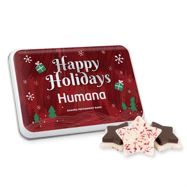 Gift tin with Peppermint Bark Shapes... from ASI 44900 NC Custom (CI/Lanco) / Chocolate Inn