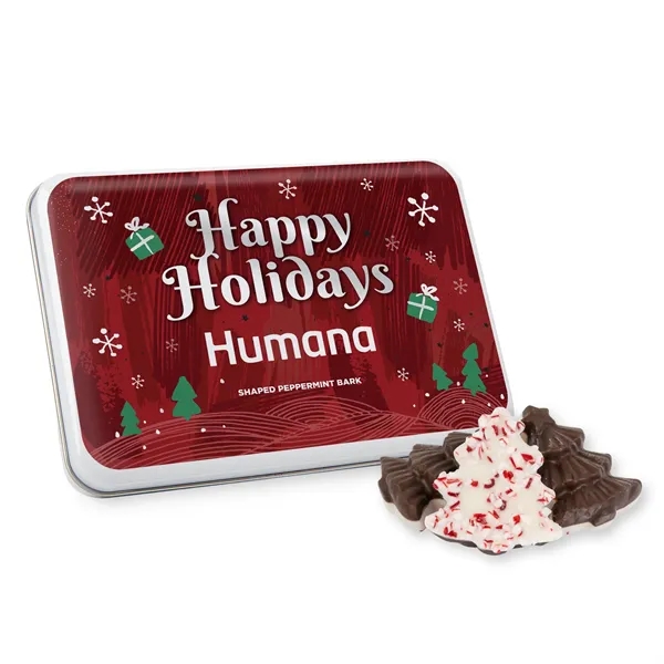 Gift tin with Peppermint Bark Shapes... from ASI 44900 NC Custom (CI/Lanco) / Chocolate Inn