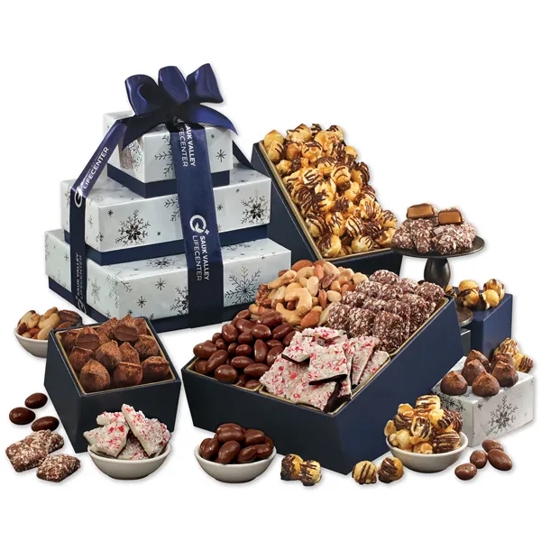 Silver and navy snowflake tower filled with chocolates and popcorn.... from ASI 68680 Maple Ridge Farms Inc
