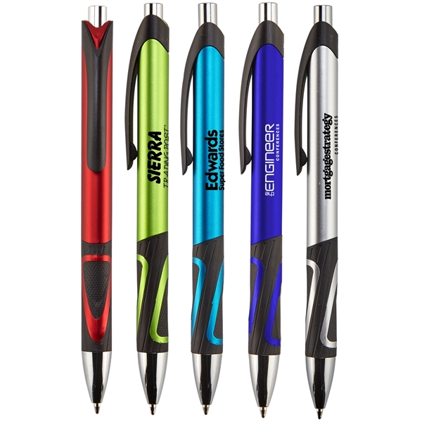 Retractable  ballpoint pen with metallic colored barrel, plastic clip, rubber... from ASI 52840 Evans Manufacturing