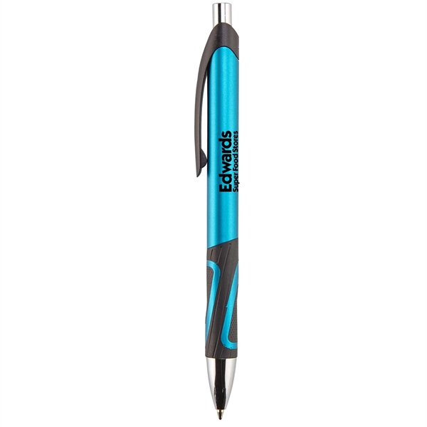 Retractable  ballpoint pen with metallic colored barrel, plastic clip, rubber... from ASI 52840 Evans Manufacturing