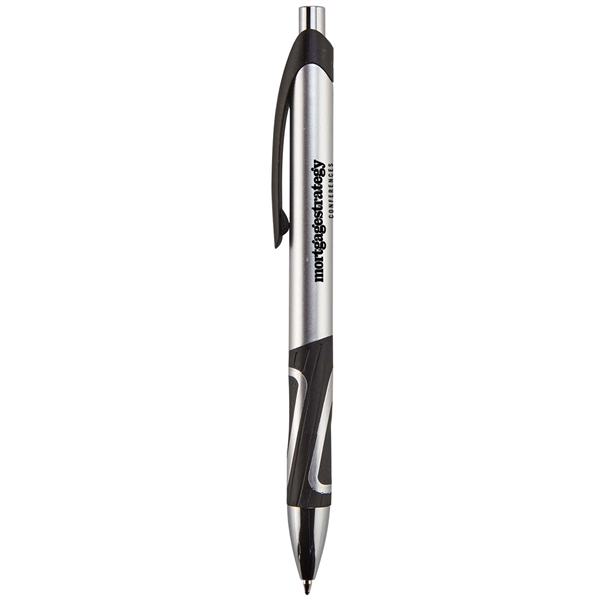 Retractable  ballpoint pen with metallic colored barrel, plastic clip, rubber... from ASI 52840 Evans Manufacturing