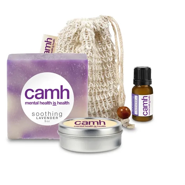 Self-care set includes a loofah bag, soap, candle tin, and essential... from ASI 73497 Natural Trends