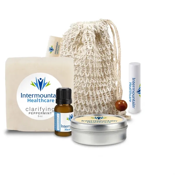 Self-care set includes a loofah bag, soap, essential oil, candle tin,... from ASI 73497 Natural Trends