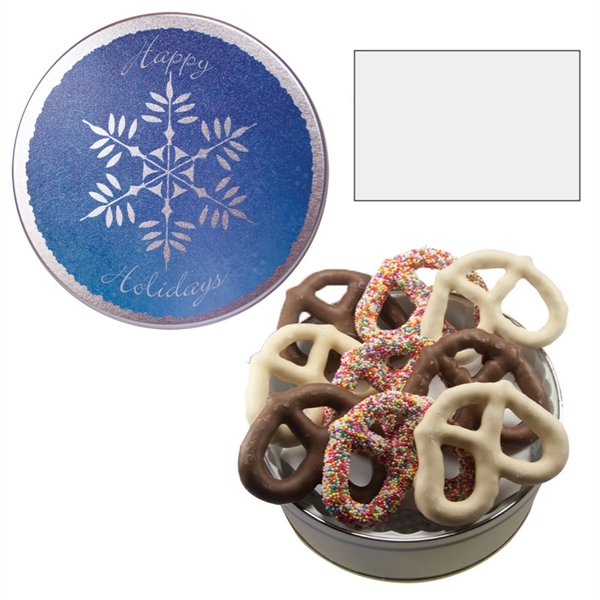 Tin filled with multiple filler options of good gift snacks and... from ASI 61125 Hit Promotional Products
