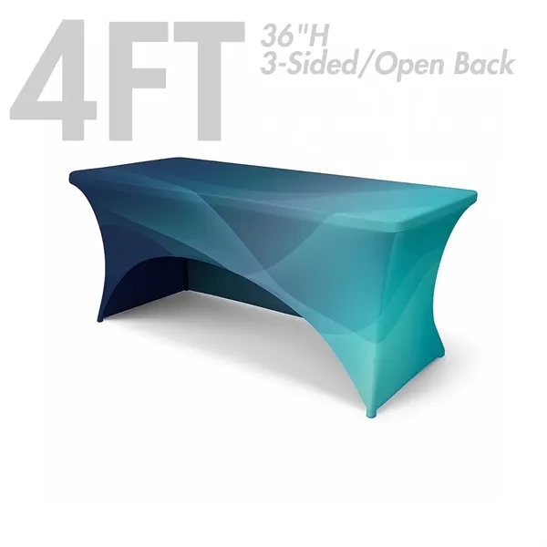 Fully Dye Sublimated 4ft Spandex Stretch Table Cover, 36"H, 3-Sided/Open Back... from ASI 94105 Visual Textile Resource