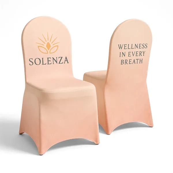 Full-coverage banquet chair cover with vibrant print, contoured fit, and reinforced... from ASI 94105 Visual Textile Resource