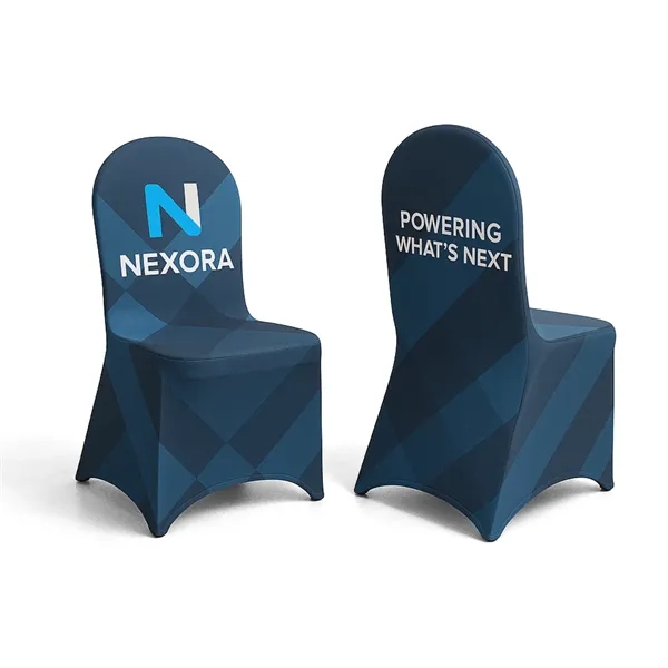 Full-coverage banquet chair cover with vibrant print, contoured fit, and reinforced... from ASI 94105 Visual Textile Resource