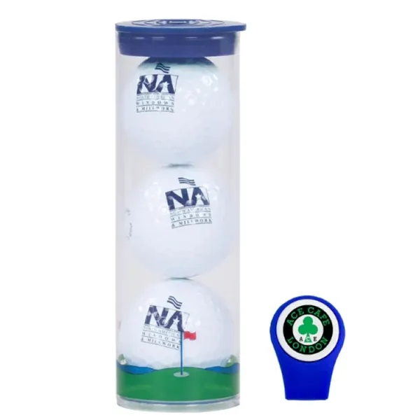 Golf tube with 3 golf balls, a hat clip, and magnetic... from ASI 57653 Gold Bond