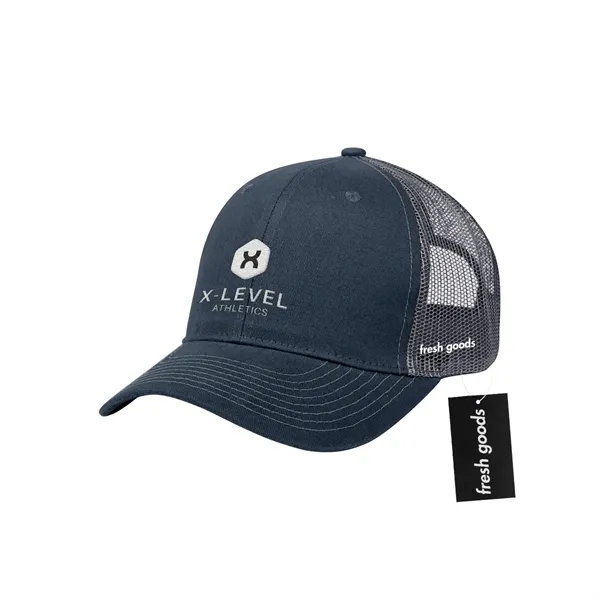 Cotton twill mesh back cap with a Fresh Goods hang tag.... from ASI 61125 Hit Promotional Products / Hit®