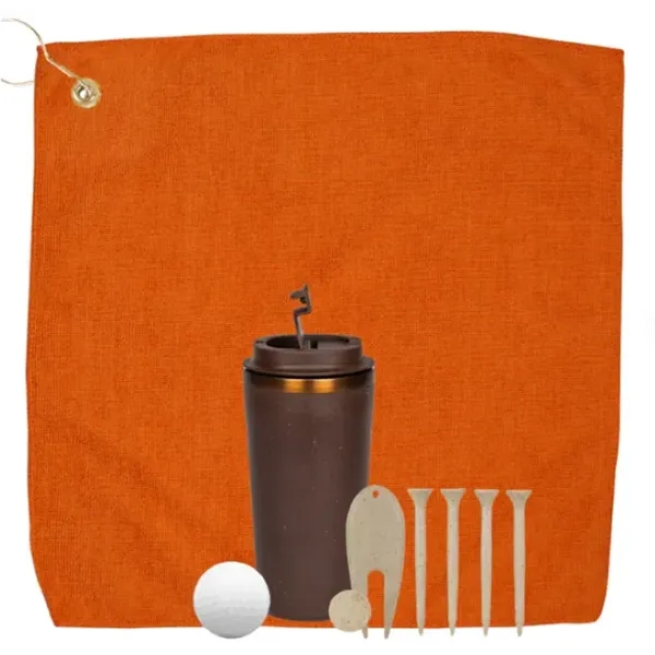 Golf kit with a 16-ounce tumbler, golf tees, divot, ball marker,... from ASI 57653 Gold Bond
