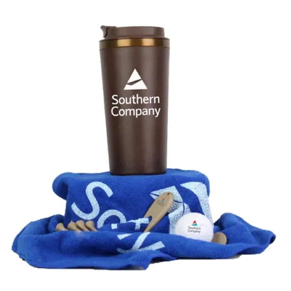 Golf kit with a 16-ounce tumbler, golf tees, divot, ball marker,... from ASI 57653 Gold Bond