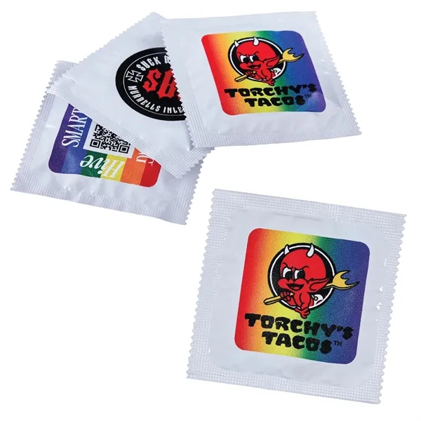 Individual condom that comes in white foil packaging with a full-color... from ASI 57655 STOPNGO Line