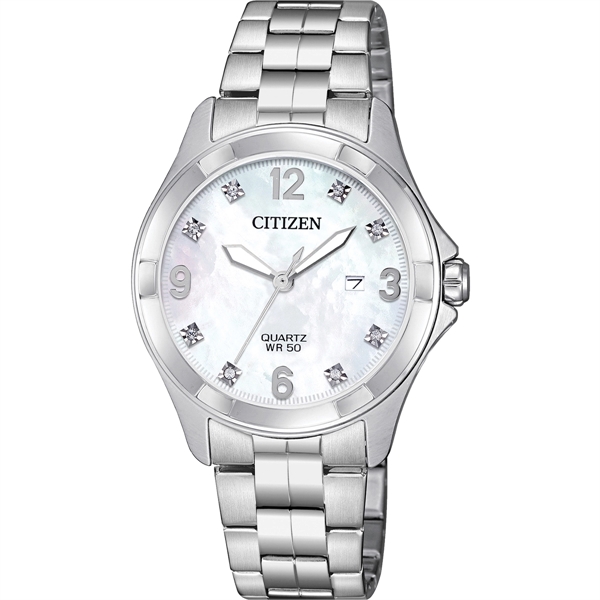 Citizen's Ladies' Quartz stainless steel case and bracelet with white Mother-of-Pearl... from ASI 61966 HPG / HPG Gold Beacon Premium Brands