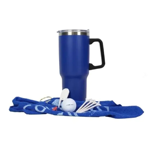 Golf kit with a 40-ounce insulated tumbler, microfiber golf towel, golf... from ASI 57653 Gold Bond
