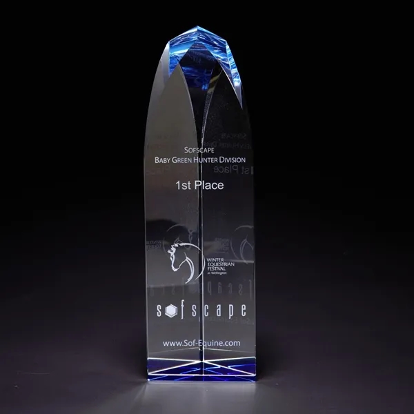 10" x 3" x 2.5" free-standing glass award with tower design... from ASI 68507 The Magnet Group / Benchmark Crystal & Clocks