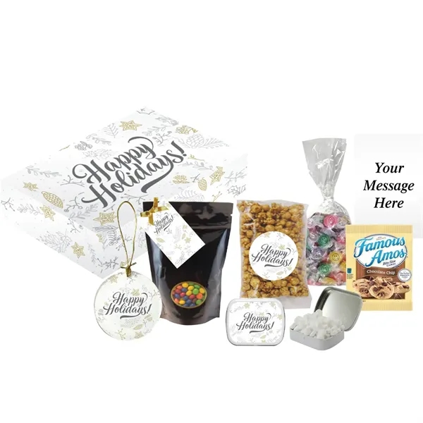 Happy Holidays Gift Set with popcorn, cookies, mint tin, holiday hanging... from ASI 61125 Hit Promotional Products / Hit®