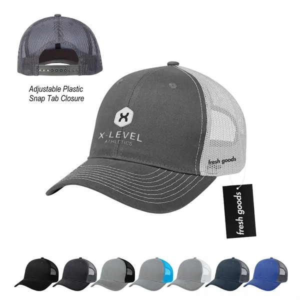 Cotton twill mesh back cap with a Fresh Goods hang tag.... from ASI 61125 Hit Promotional Products / Hit®
