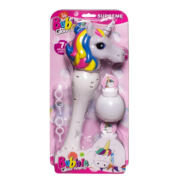Light-up LED bubble wand with white plastic unicorn head, built-in LEDs... from ASI 42016 Brighter Promotions Inc