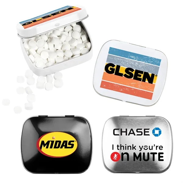 Domed tin with filled mints.... from ASI 44900 NC Custom (CI/Lanco) / Chocolate Inn