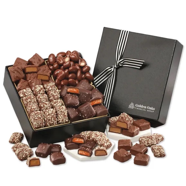 Black gift box filled with sea salt caramels, chocolate almonds and... from ASI 68680 Maple Ridge Farms Inc