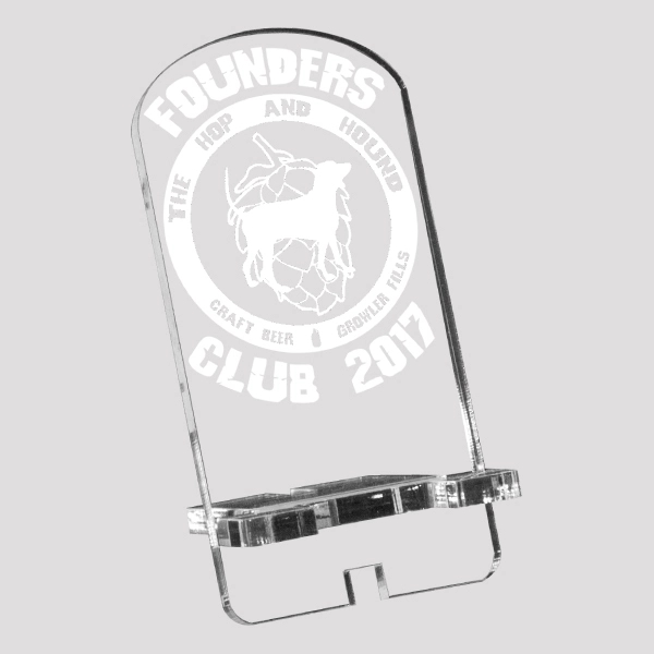 Acrylic smart phone desk stand with laser etched graphics.... from ASI 72521 Morris Magnets / Laser Cuts