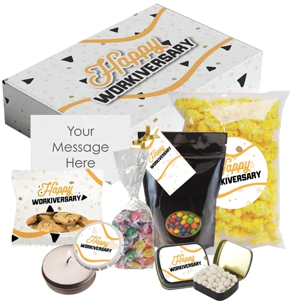Work anniversary gift set with assorted snacks, mint tin, candle and... from ASI 61125 Hit Promotional Products / Hit®