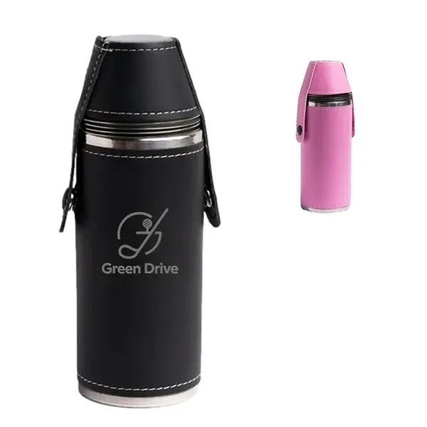 8oz stainless steel flask with 4 shot glasses in leather sleeve-ideal... from ASI 72657 Active Life Promo / Apres Ski Ingrain