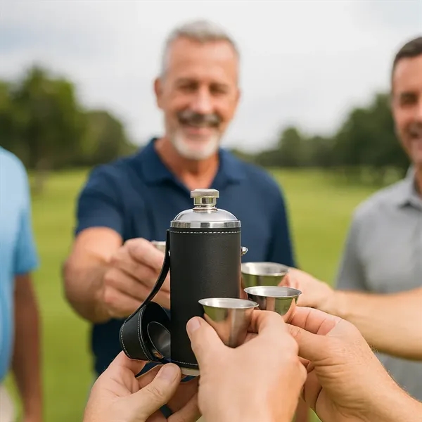 8oz stainless steel flask with 4 shot glasses in leather sleeve-ideal... from ASI 72657 Active Life Promo / Apres Ski Ingrain