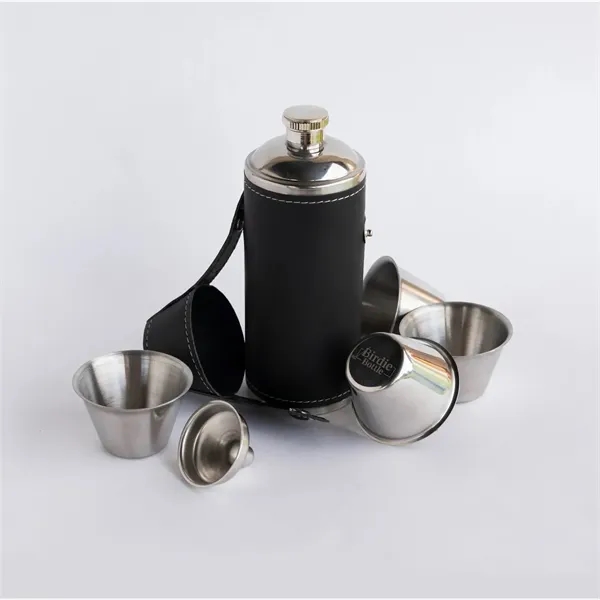 8oz stainless steel flask with 4 shot glasses in leather sleeve-ideal... from ASI 72657 Active Life Promo / Apres Ski Ingrain