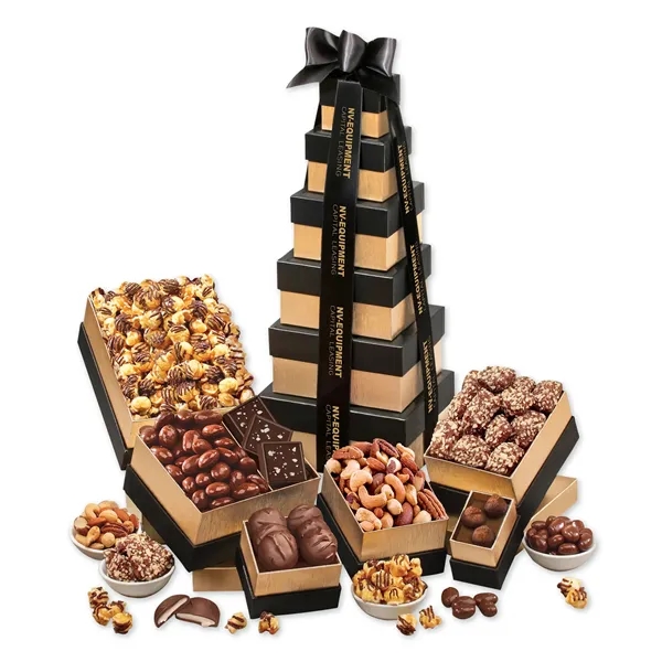 Six-box tower of gourmet treats with sweet, salty flavors-finished with your... from ASI 68680 Maple Ridge Farms Inc